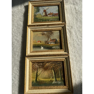 Vintage European Windmill Landscape Set of 3 – Oil on Canvas, Wiebold Frames